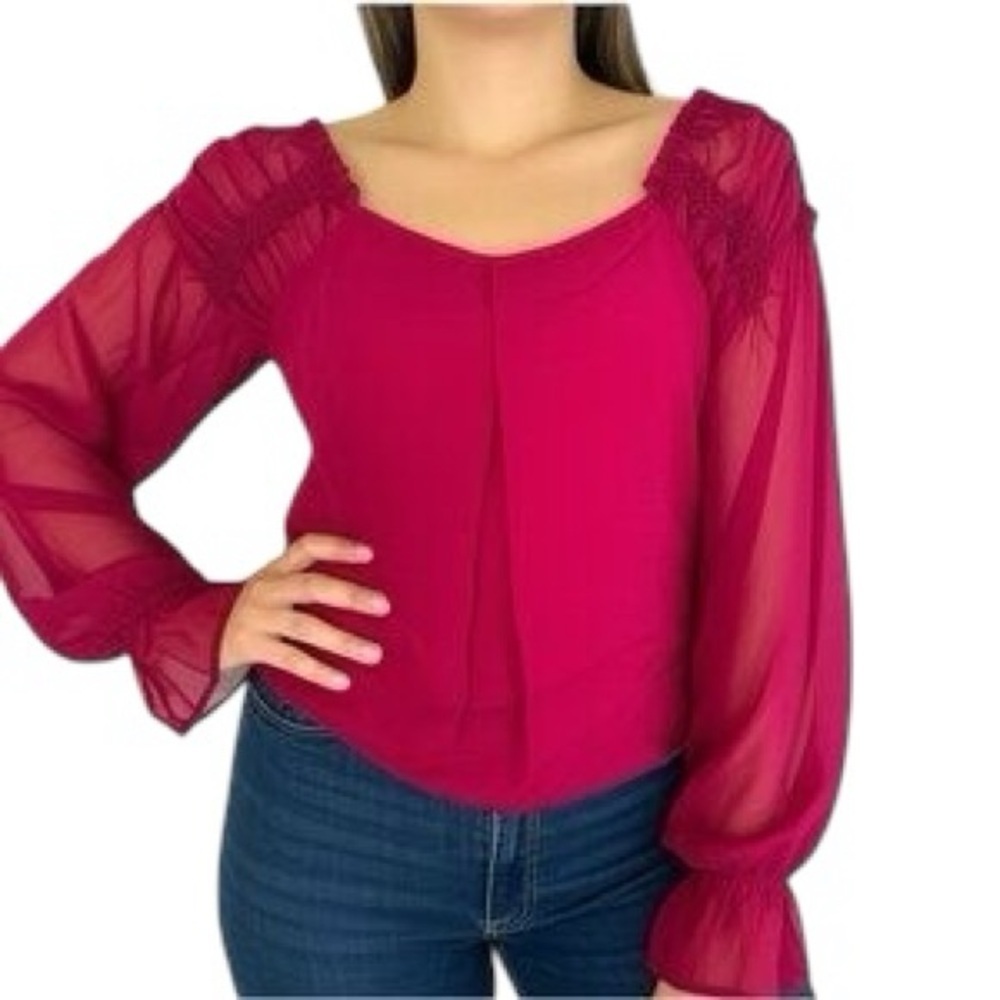 ELIE TAHARI Magenta Silk Top Ruffle Sheer Sleeves Feminine Pretty Small Flowy